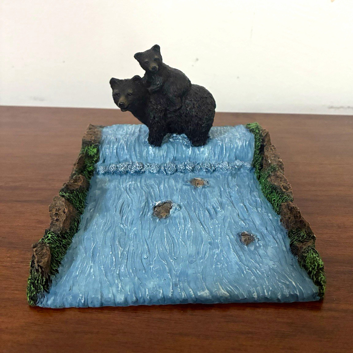 Bear Figurine Collectible - Two Bears on Waterfall River Scene Base