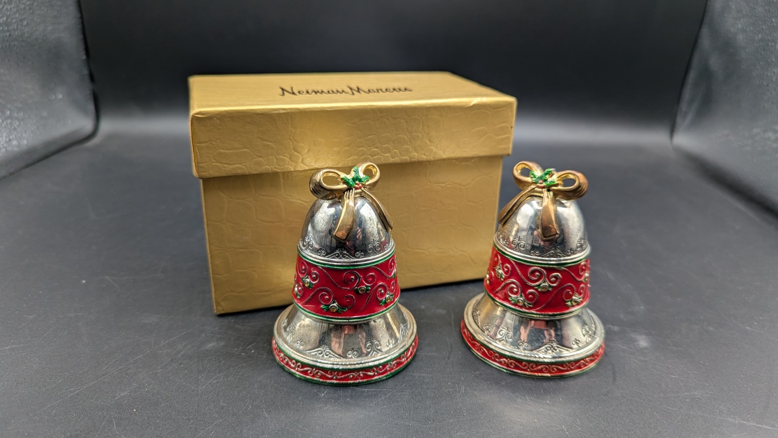 Neiman Marcus Vgt Red Silver Christmas Bell Salt-Pepper Shakers with Box