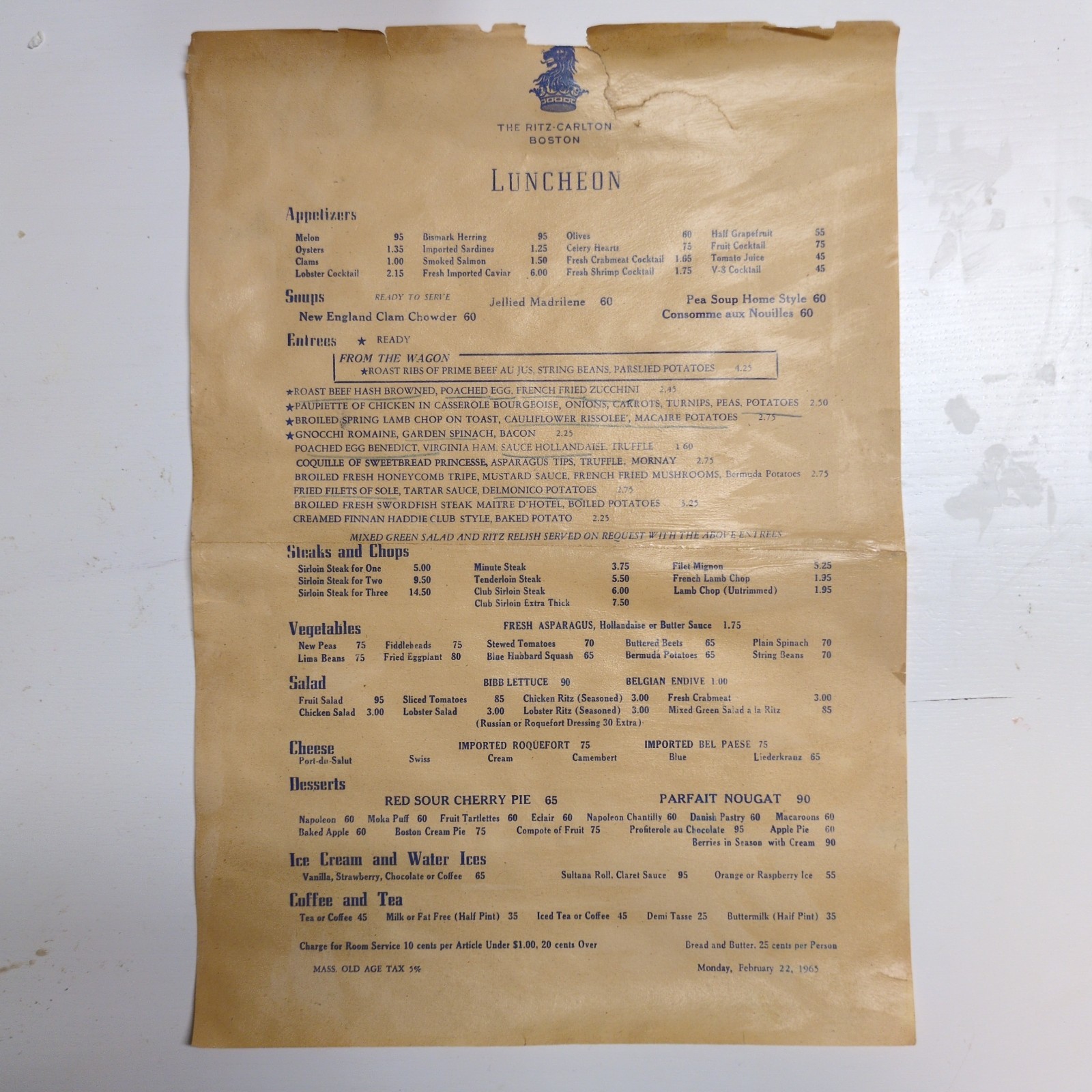 1965 THE RITZ-CARLTON BOSTON Luncheon + Cafe Dinner Menu Lot 1965 THE RITZ-CARLTON BOSTON Luncheon + Cafe Dinner Menu Lot