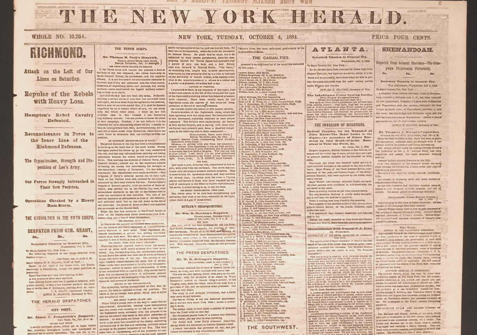 Oct.4 1864 New York Herald BATTLE TO RICHMOND, WAYNESBORO, MISSOURI INVASION