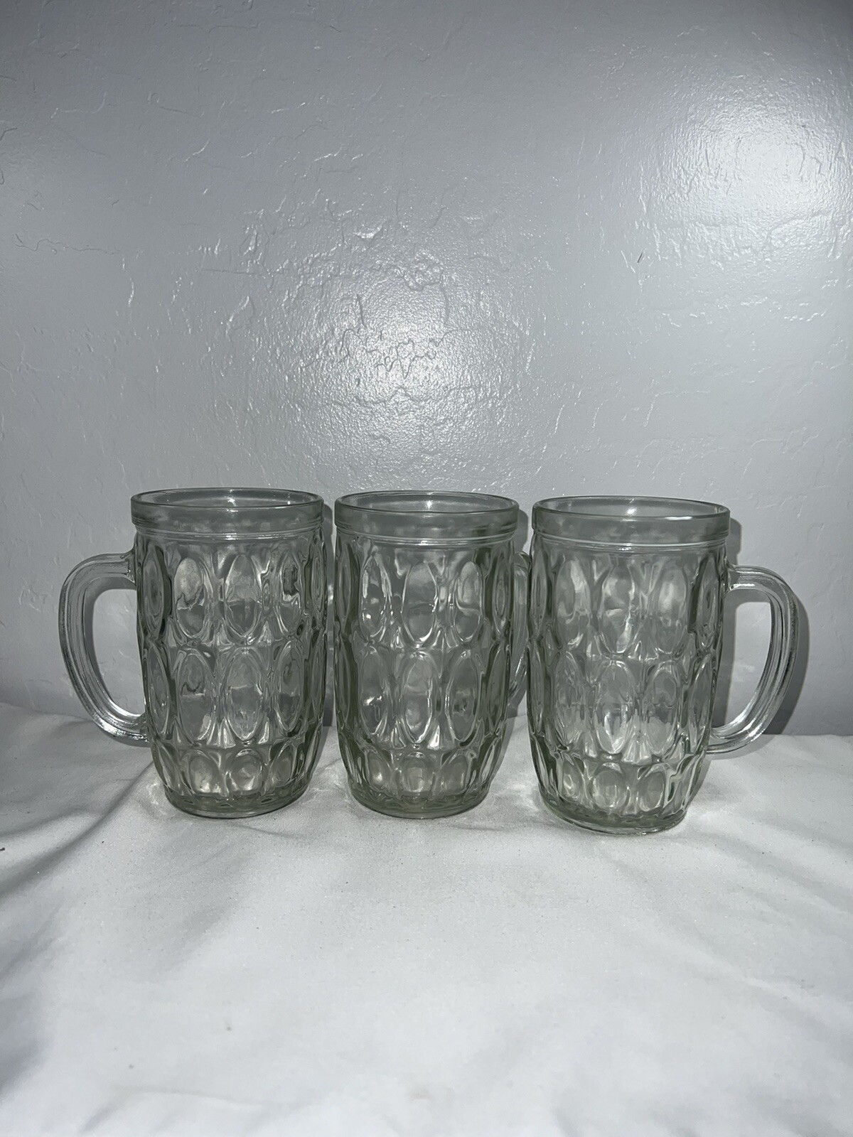 Vintage Clear Glass Thumbprint Barrel Mugs Set Of 3