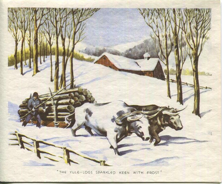 VINTAGE CHRISTMAS OXEN YULE LOGS KEEN WITH FROST SNOW HOUSE WINTER GREETING CARD