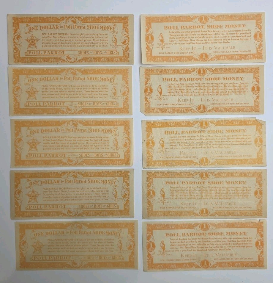 Poll Parrot Shoe Money 20 Different  Certificates $1-$5 Unmarked RARE 
