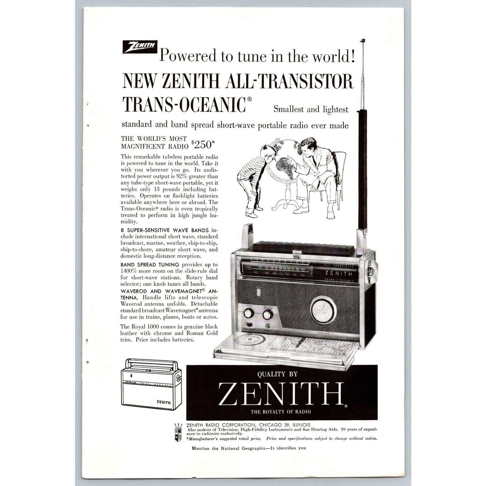 Zenith 1958 Magazine Print Ad All-Transistor Trans-Oceanic Radio Vintage