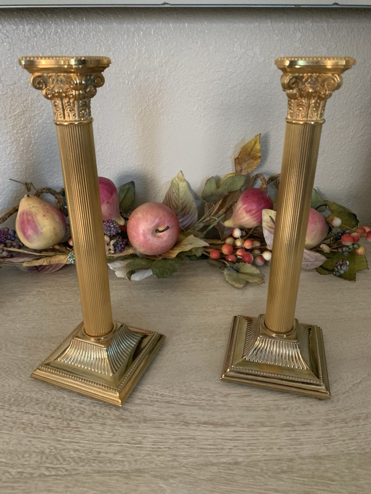 1950’s Pair Of Corinthian Electroplated 24k plated Brass Candlestick Holders