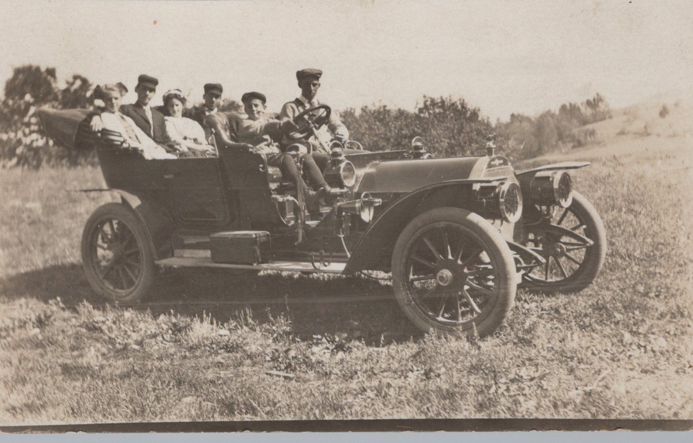 Antique Touring Car 1909 Young People Field Brass Era Auto - RPPC Photo Postcard