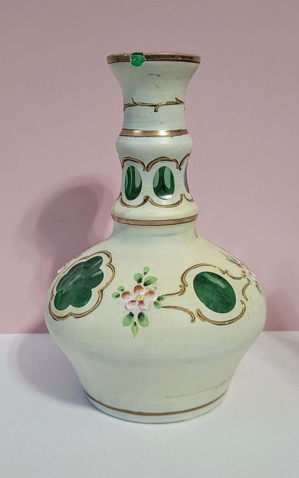 Vintage Czech Bohemian White Cased Cut to Green Glass Bottle -No Lid 5\