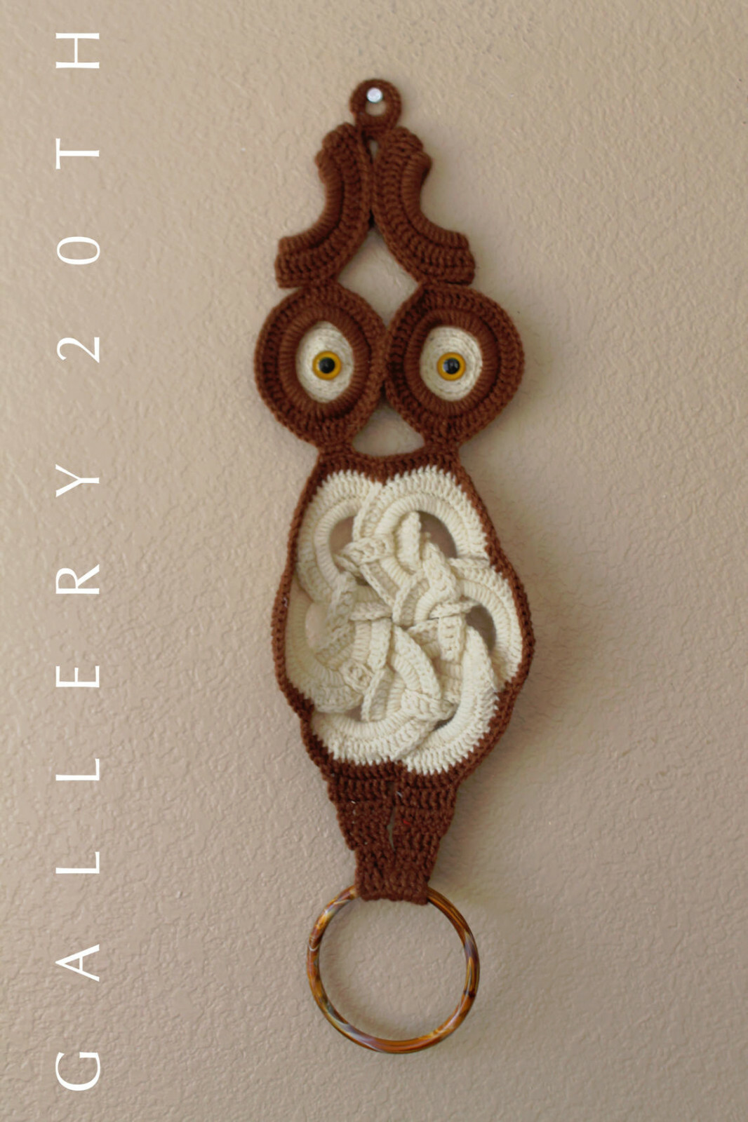 CHARMING VTG MCM MACRAME OWL WALL ART 1960\'S ORIG ATOMIC DECOR MID CENTURY