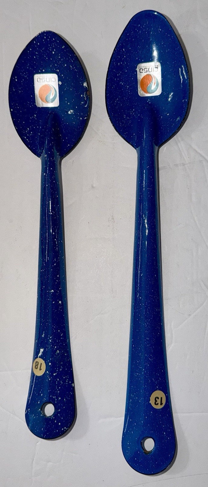 Vintage Cinsa Enamelware Blue Speckled Serving Spoons 2 Pc Mexico Large 12 /13.5