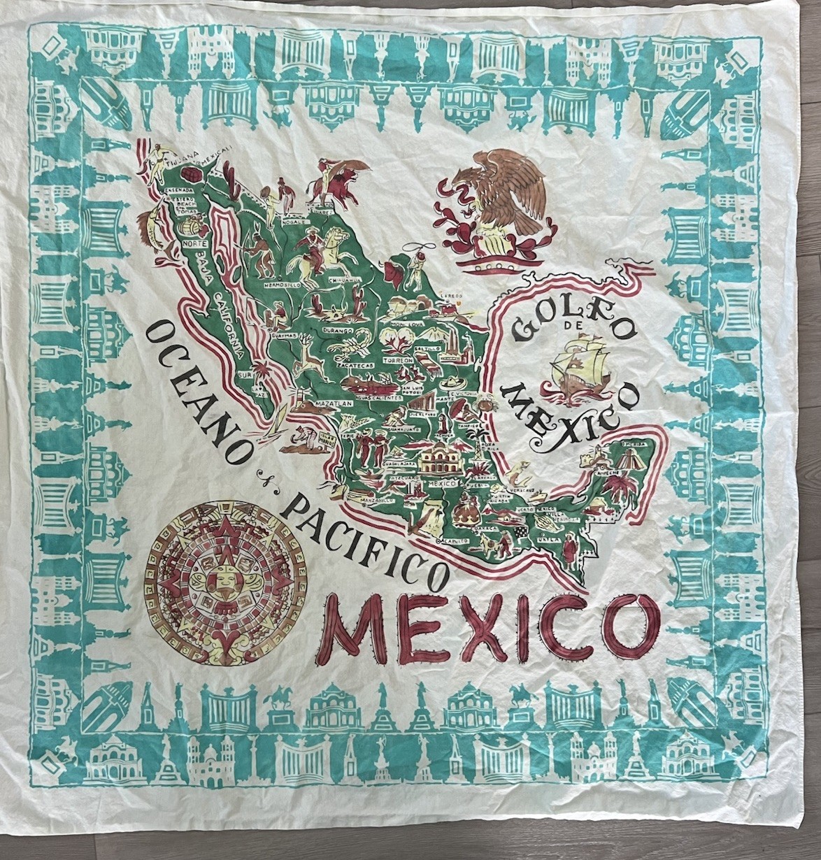 vintage 1950s Mexico souvenir map Textile tablecloth Cotton Square 49”x49”