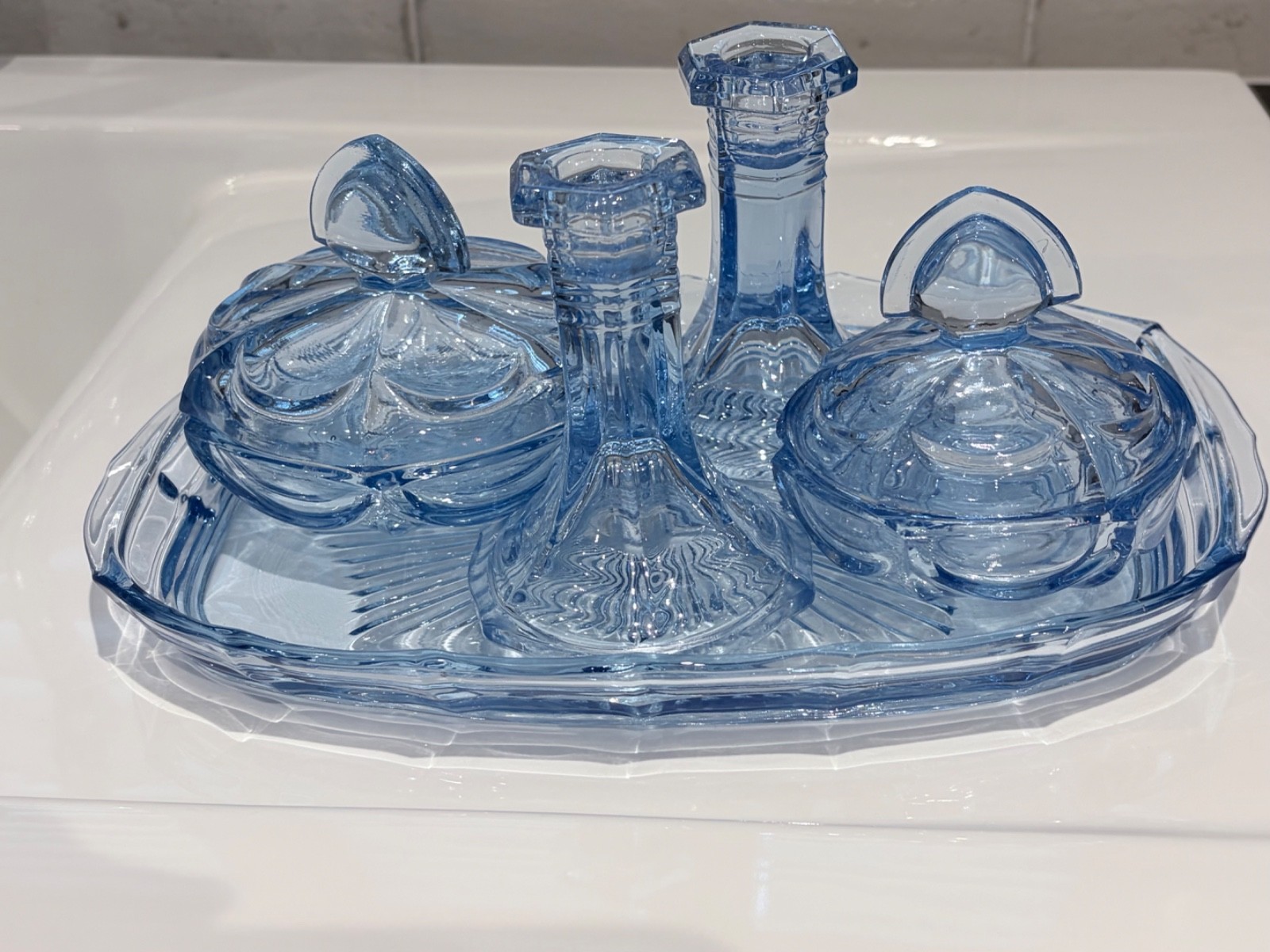Vintage Blue Glass Art Deco Dressing Table 5 Piece Vanity Set  Impeccable Condit