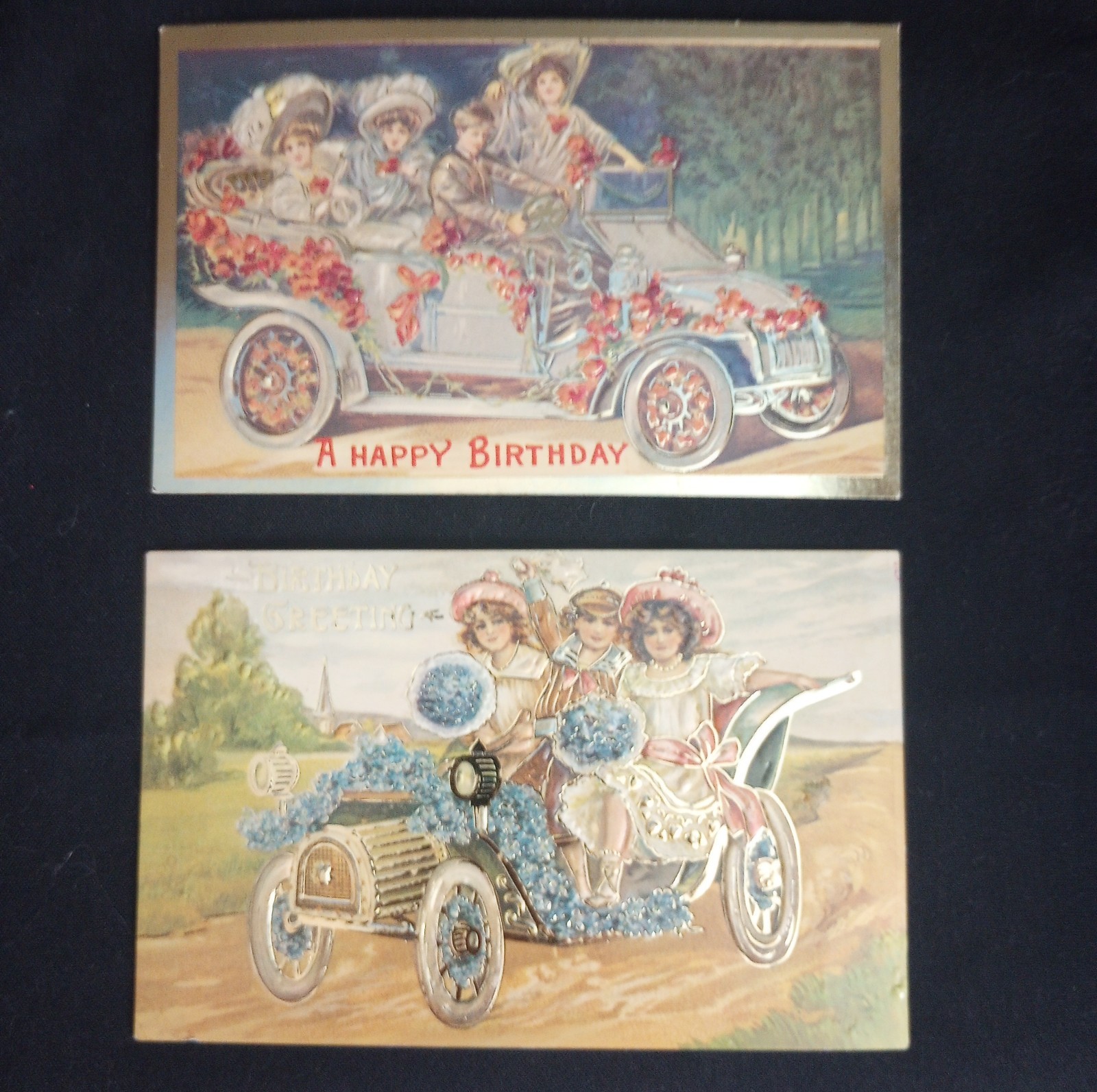 Lot of 2 Vtg 1982 Merrimack Publishing Postcards Victorian Birthday Antique Cars