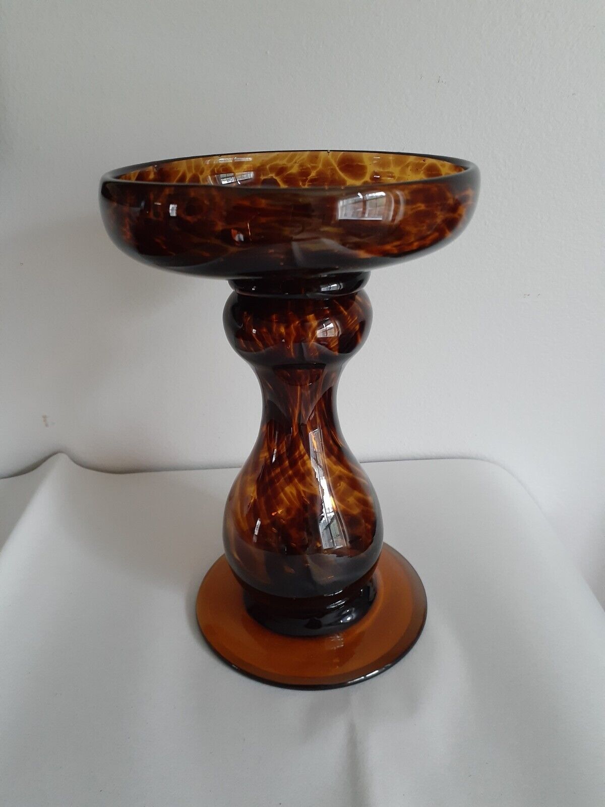 Vintage Tortoise And Amber Glass Pillar Candle Stand Holder 7 3/4\
