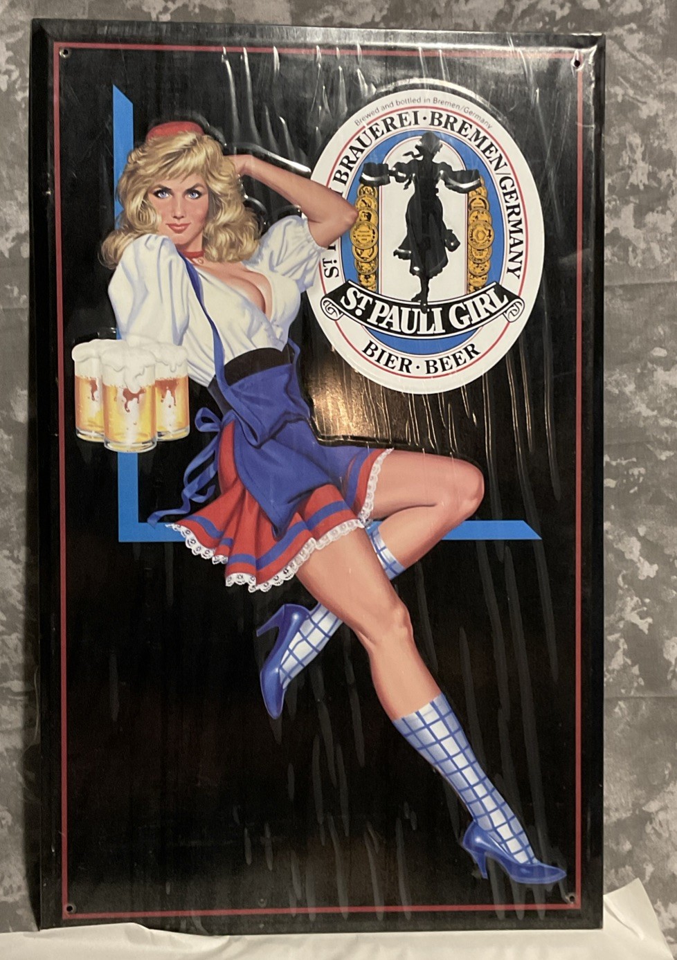 VTG 1992 Tin Metal Embossed St Pauli Girl Beer Sign Display 15” X 24”