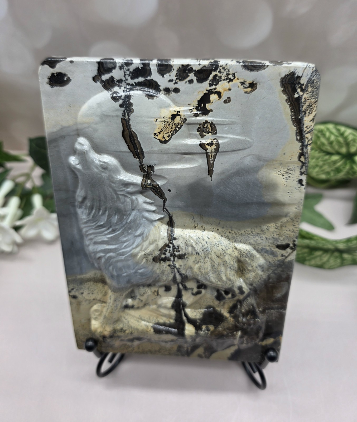 Picture Jasper Howling Wolf Relief Carved Slab Stone Plaque w Metal Stand