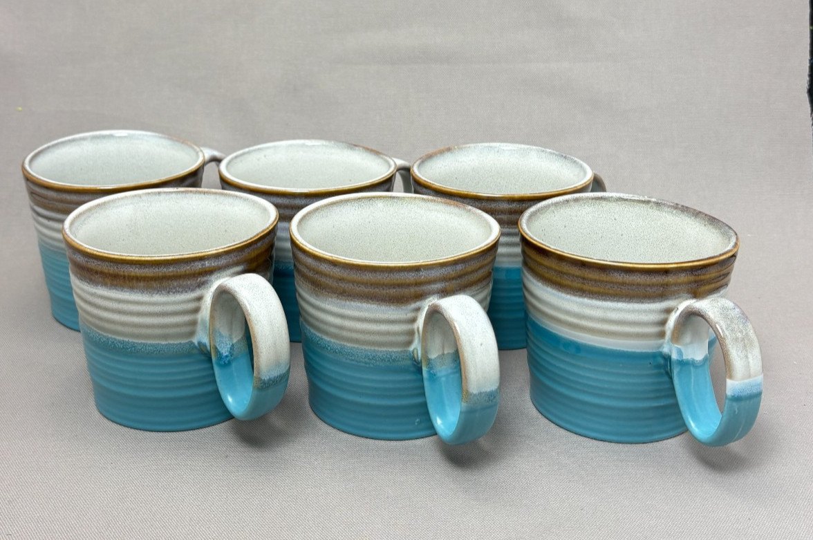 Roscher Stoneware Coffee Mugs Set of 6 Turquoise Blue Brown Dip Glaze Ribbed Cup
