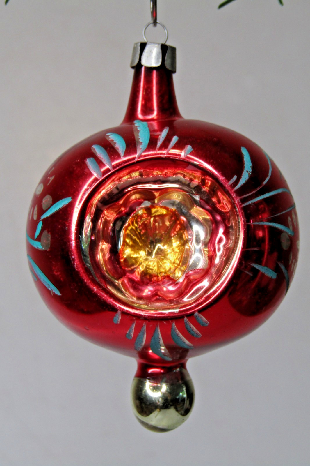 VTG Glass Double Indent FLOWER Pictured Finial DROP Christmas Ornament Poland #7