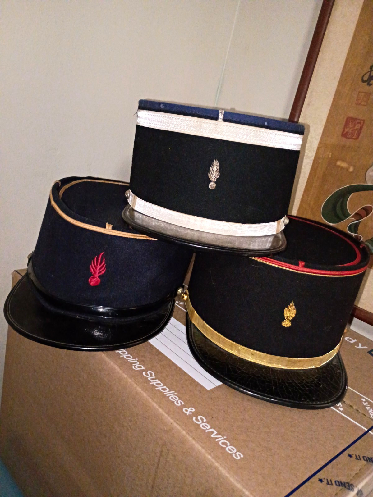 French Kepi-Style Uniform Caps Lot of 3 w/ Red Gold Silver Insignia