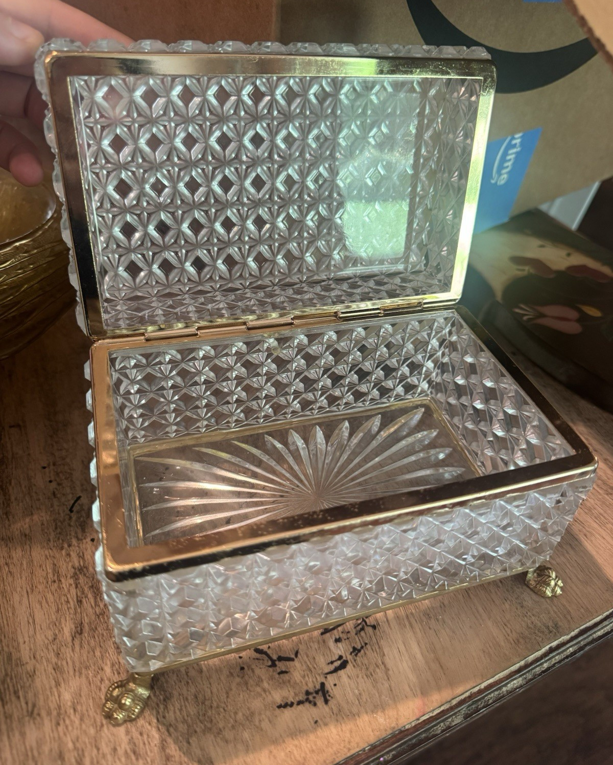 Baccarat Style Cut Crystal Hinged Casket Box with Gold-Tone Trim & Claw Feet