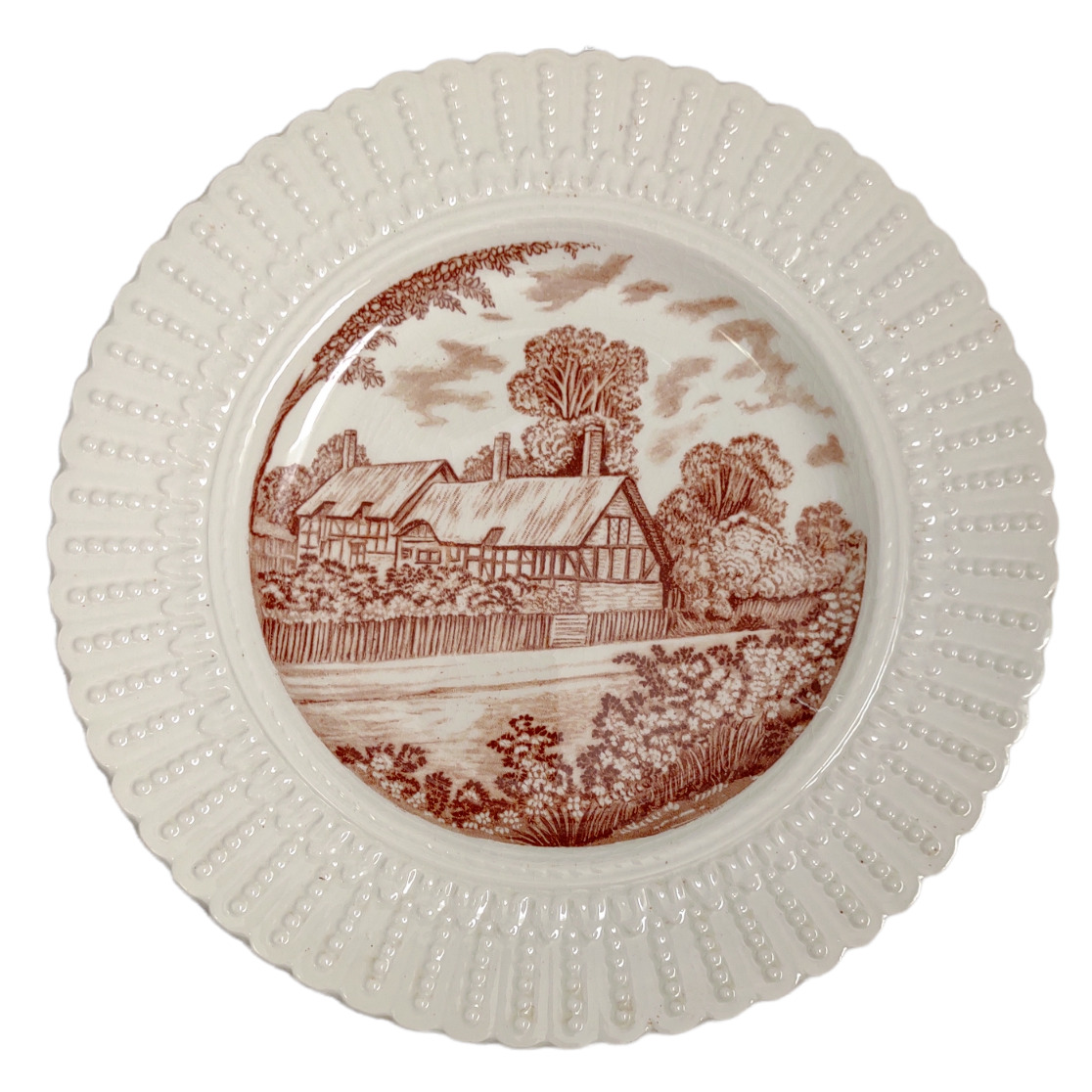 Royal Cauldon Plate Anne Hathaway\'s Cottage White Hobnail England Brown Scene