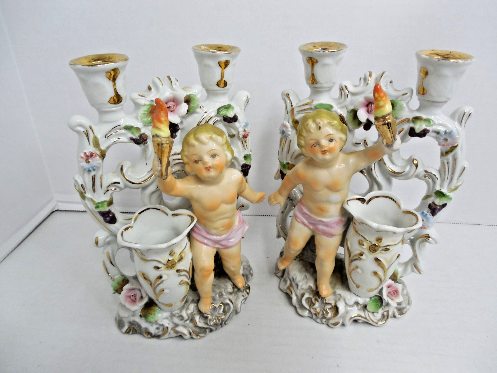 Vintage Ucagco  Double Candle Holder  Bud Vase Cherub Gold Trim 7.625