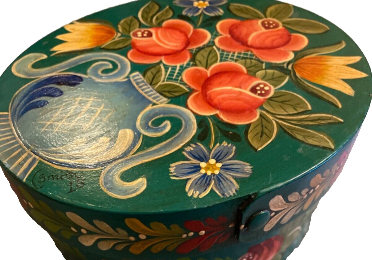 Bauernmalerei Bavarian Hand Painted Oval Wood Bentwood Box Signed C Smith 2015