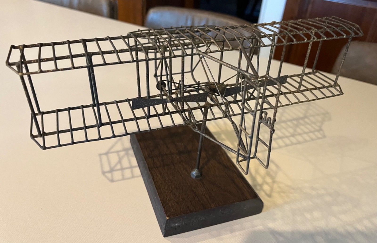MCM Wright Brothers Biplane Wire 1970's mounted on wooden base MCM Wright Brothers Biplane Wire 1970's mounted on wooden base