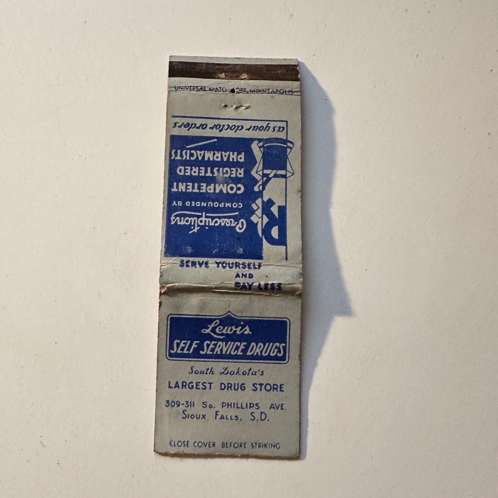 Lewis Self Service Drugs Sioux Falls SD Vintage Matchbook Cover 5MB132-1