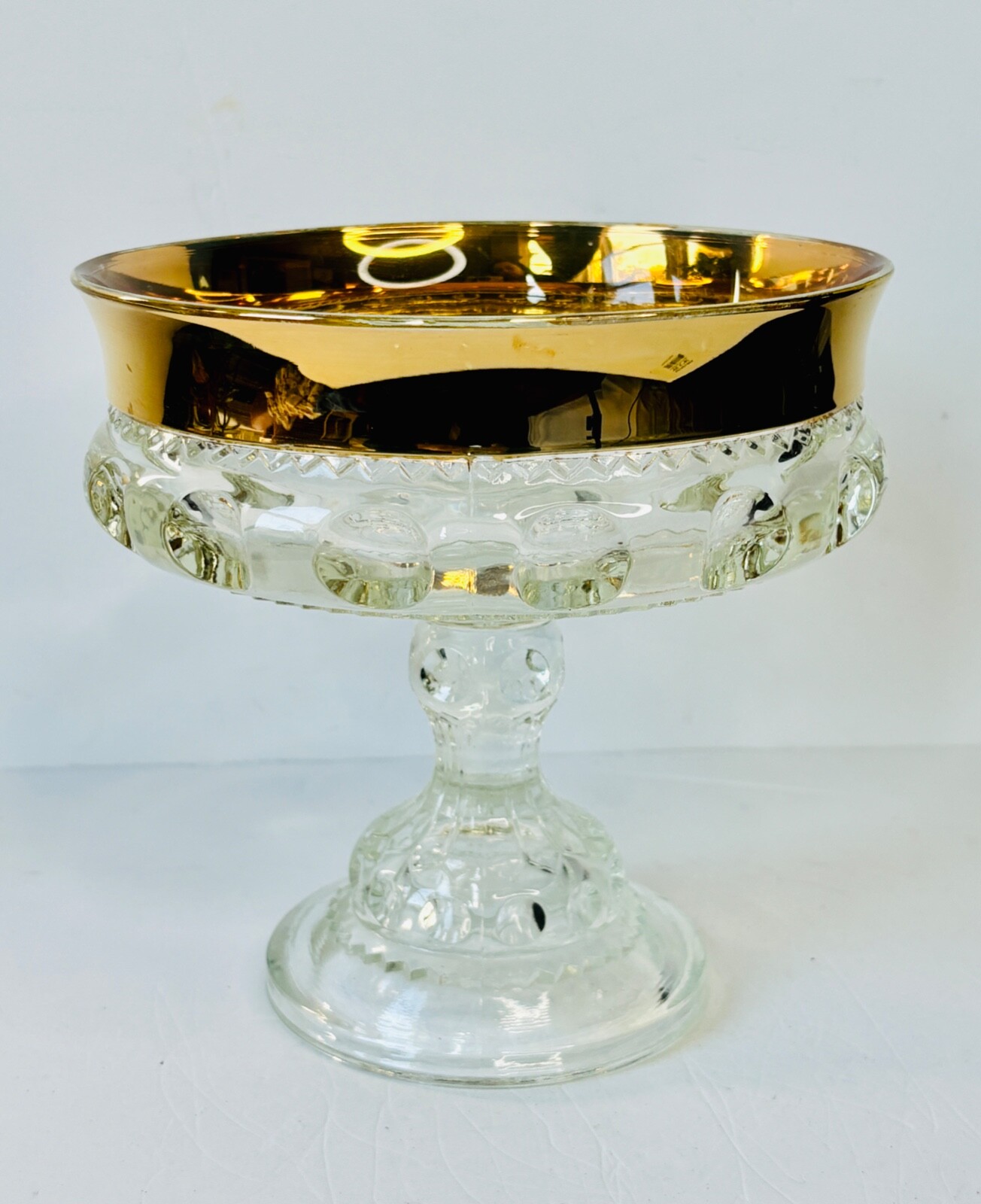 VTG INDIANA GLASS KINGS CROWN PEDESTAL BOWL DISH THUMBPRINT GOLD CANDY DISPLAY