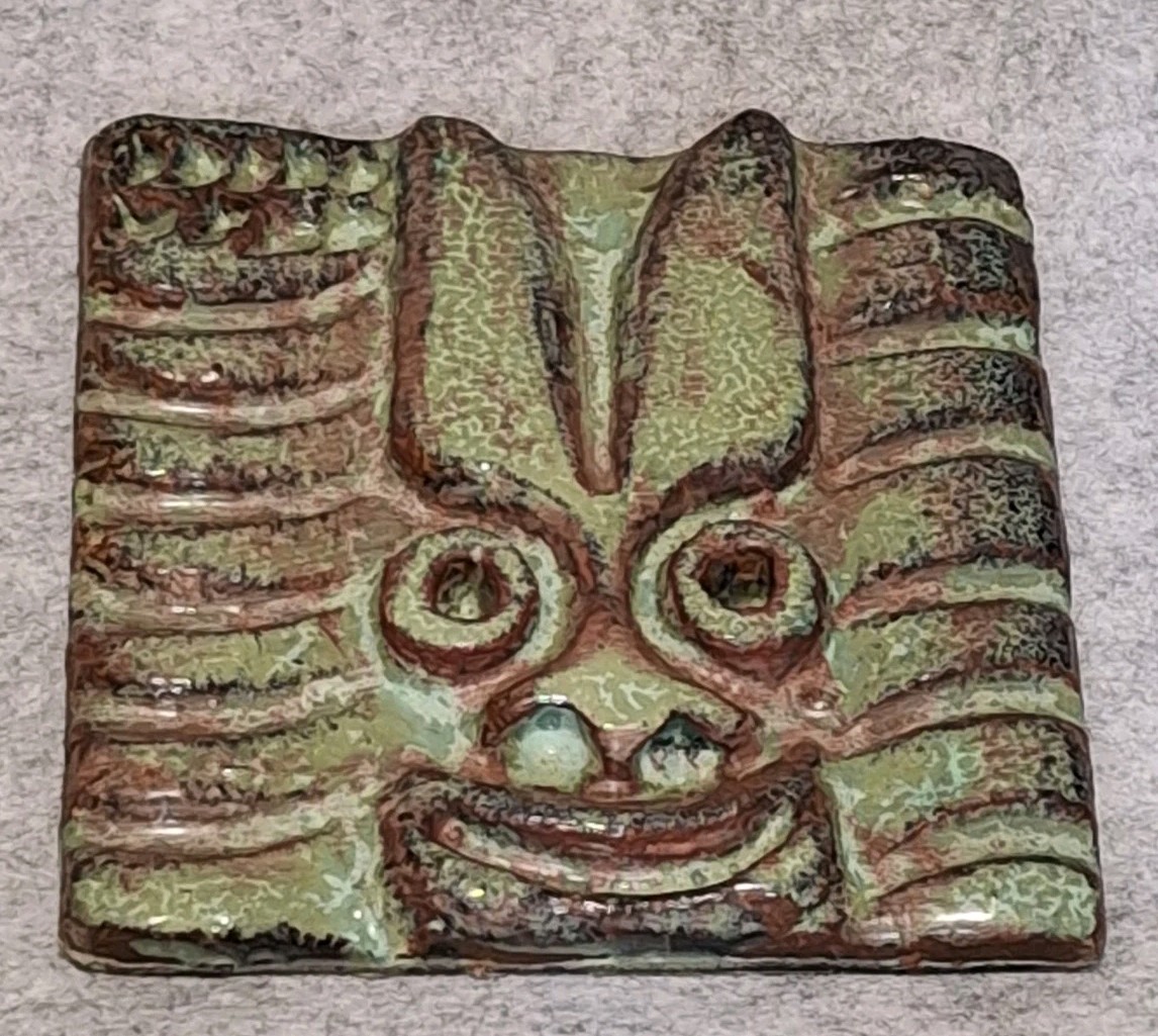 Vintage Tribal Mask Tile Glazed 3D Maya Face Handmade From Old House Fireplace