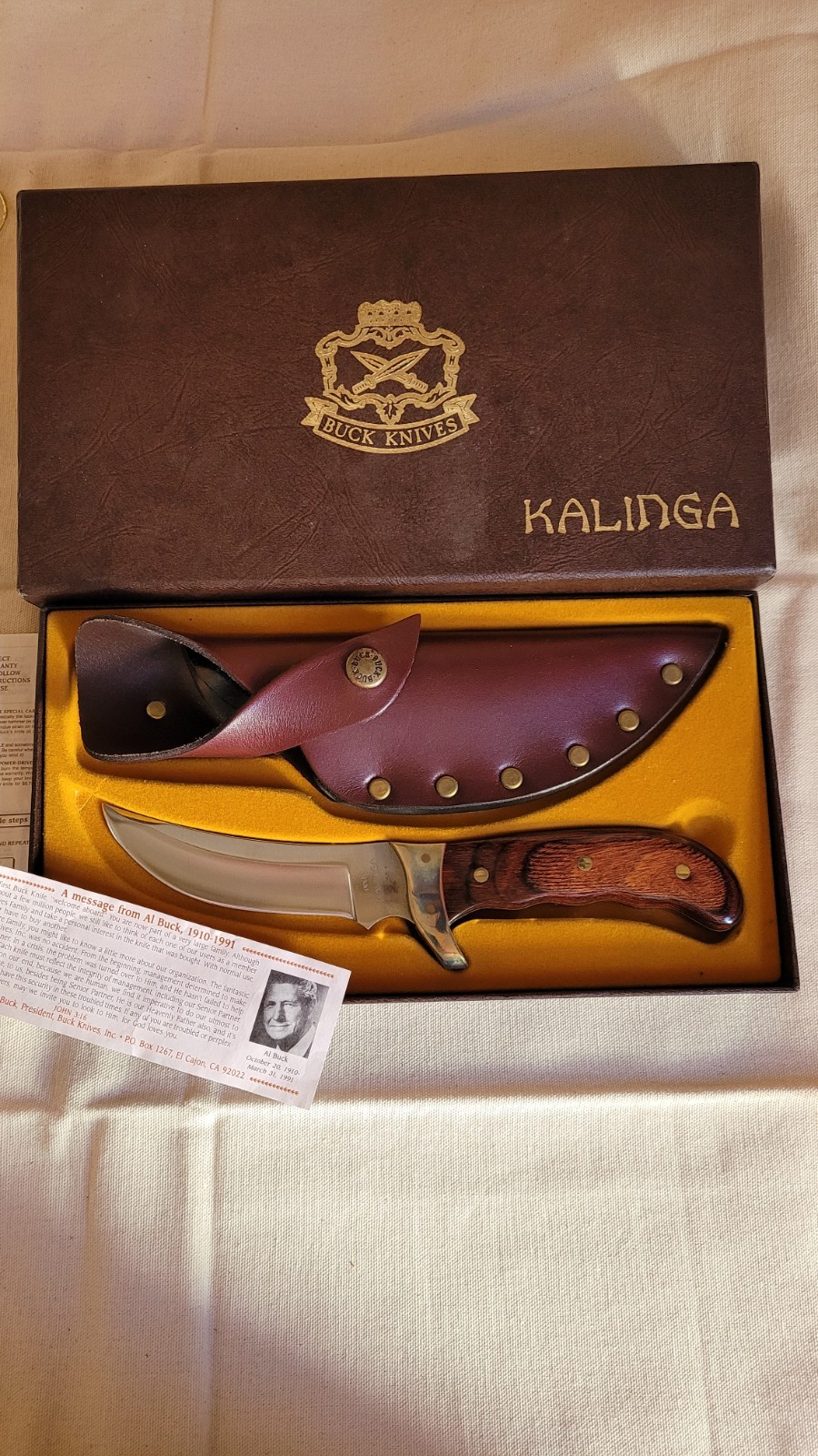 Buck Knives Kalinga Fixed Blade Hunting Knife Wood Handle Sheath & Box 1991