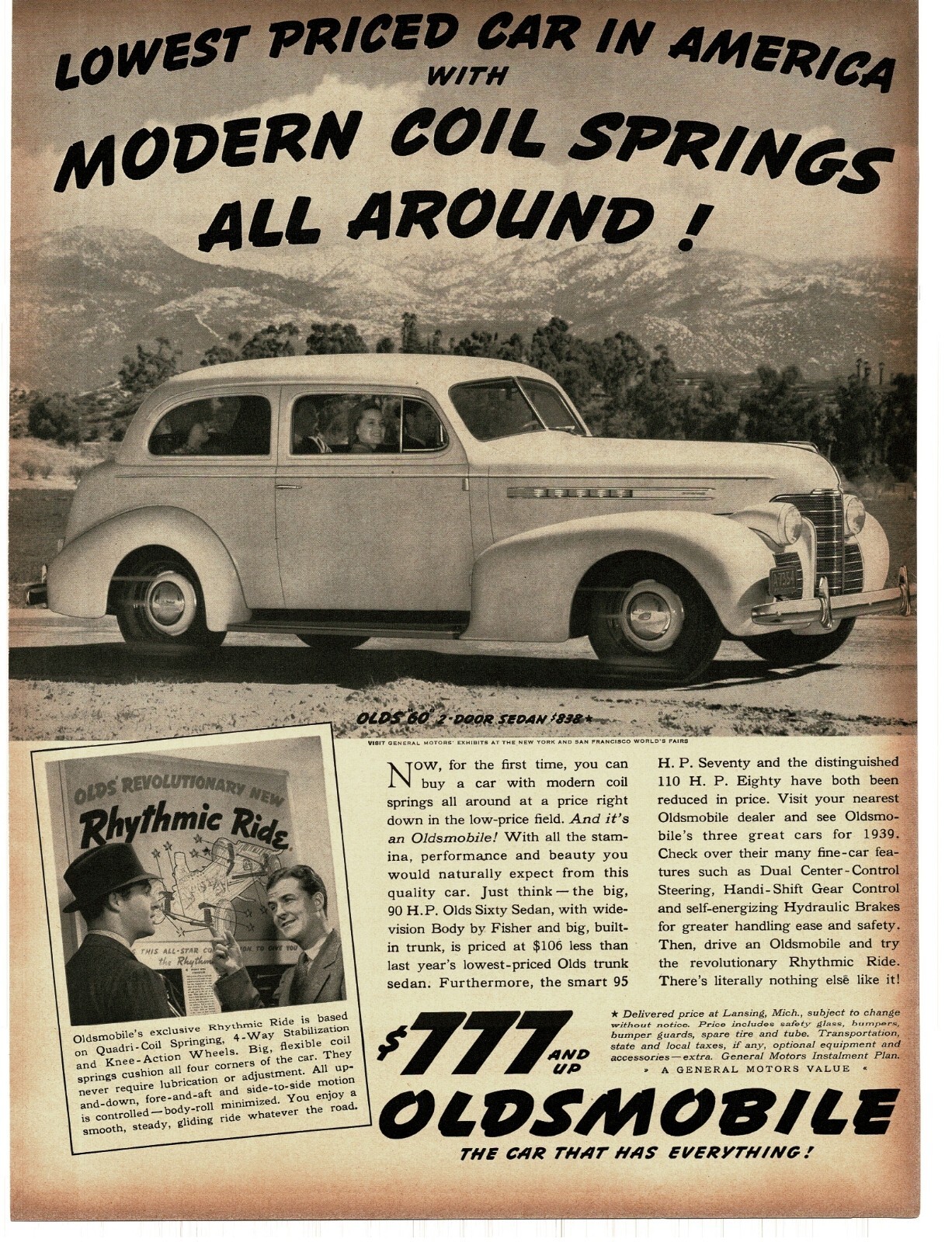 1939 Oldsmobile 60 Sixty 2-door Sedan Rhythmic Ride Vintage Print Ad