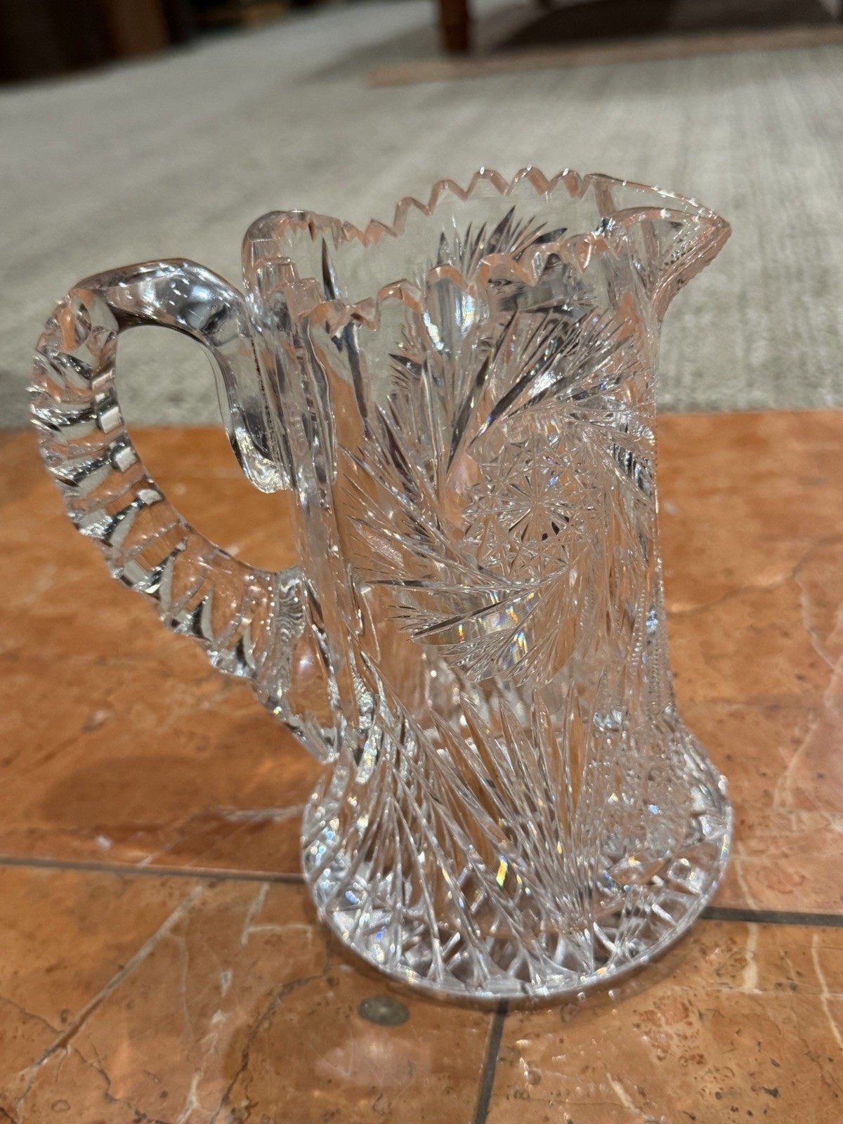 ANTIQUE AMERICAN BRILLIANT ABP CUT GLASS SYRUP PITCHER STAR DAVID HOBSTAR EUC