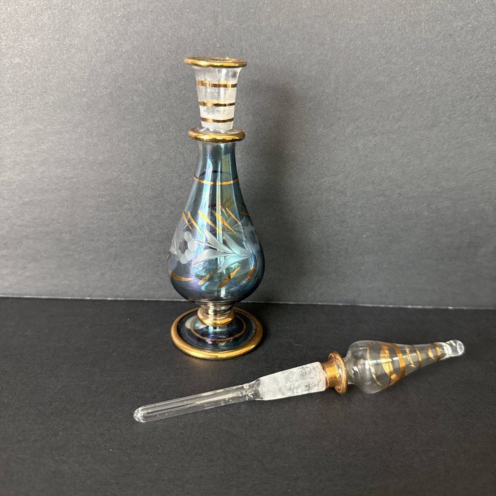Vintage [[[[[[Hand Blown Blue Egyptian Glass Perfume Bottle Gold Trim Stopper 7\