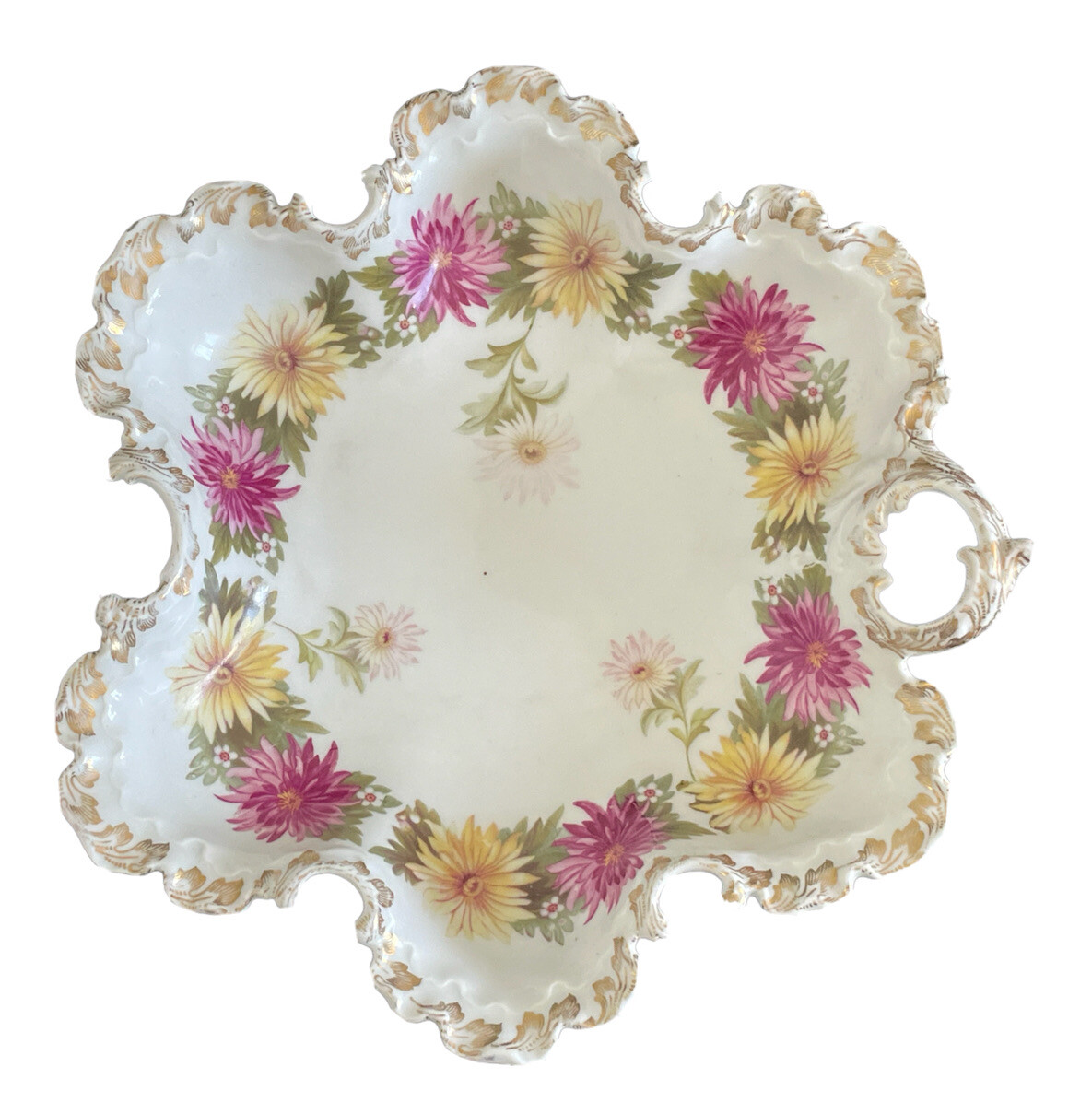Rosenthal RC Monbijou Vtg Bowl Candy Dish Scalloped Edge Handled Floral Yellow
