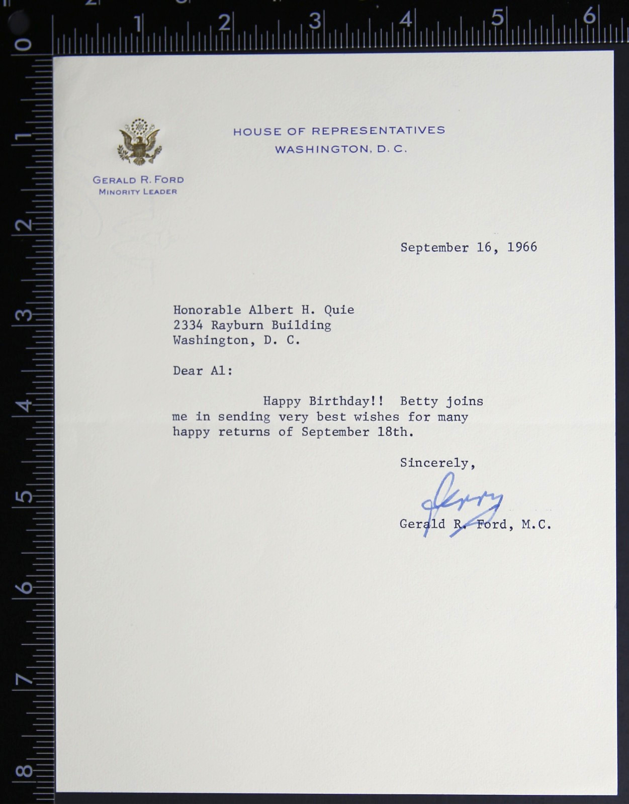 Letter - Signed Jerry M.C. - Gerald F. Ford 1966 Birthday Wishes A. Quie  M968