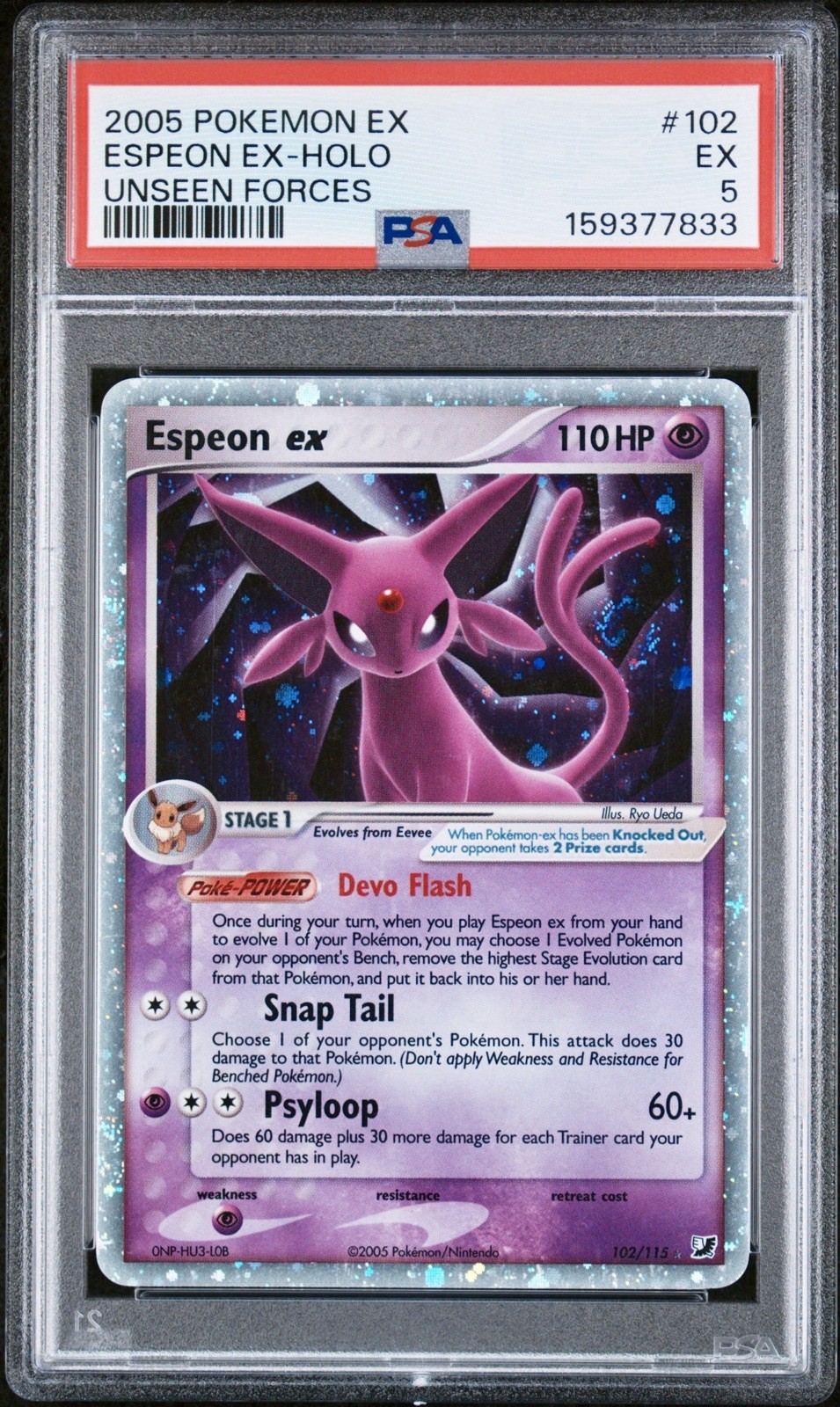 2005 Pokemon EX Unseen Forces Espeon EX Holo 102/115 PSA 5 Three Swirls 🌀 2005 Pokemon EX Unseen Forces Espeon EX Holo 102/115 PSA 5 Three Swirls 🌀