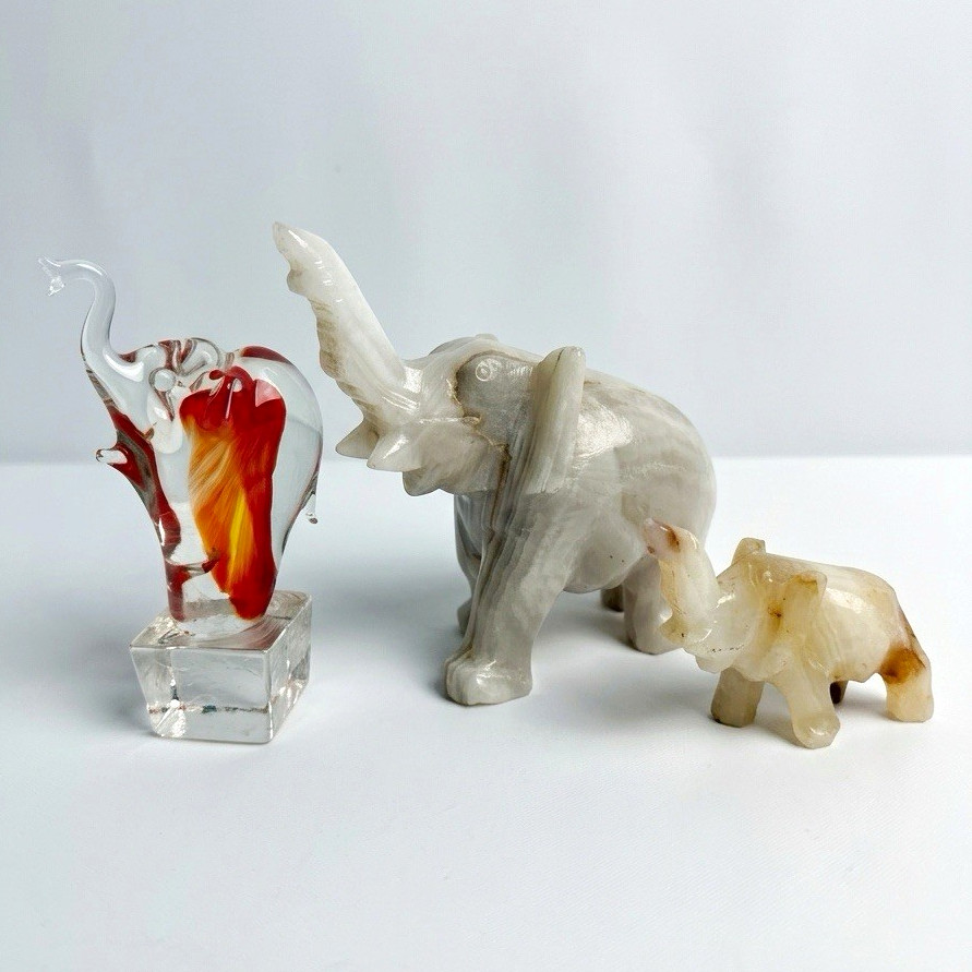 3 Vintage Elephant Figurines Bundle Blown Art Glass Carved Onyx Marble Alabaster