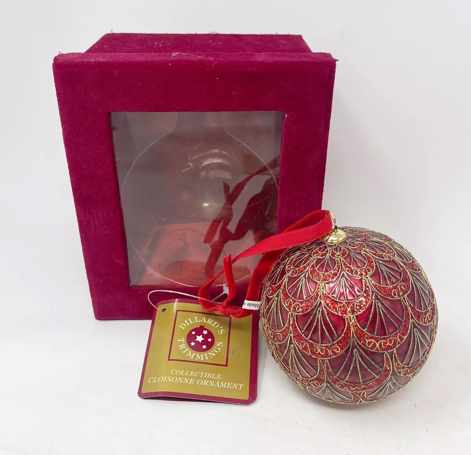 Vintage Dillard’s Collectible Cloisonné Ball Christmas Ornament Red Scalloped