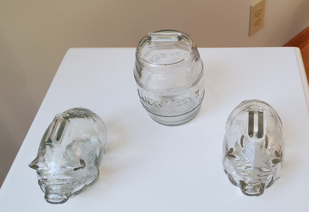 Vintage clear glass coin piggy banks, set of 3 (2 piggies & a barrel Lucky Bank)