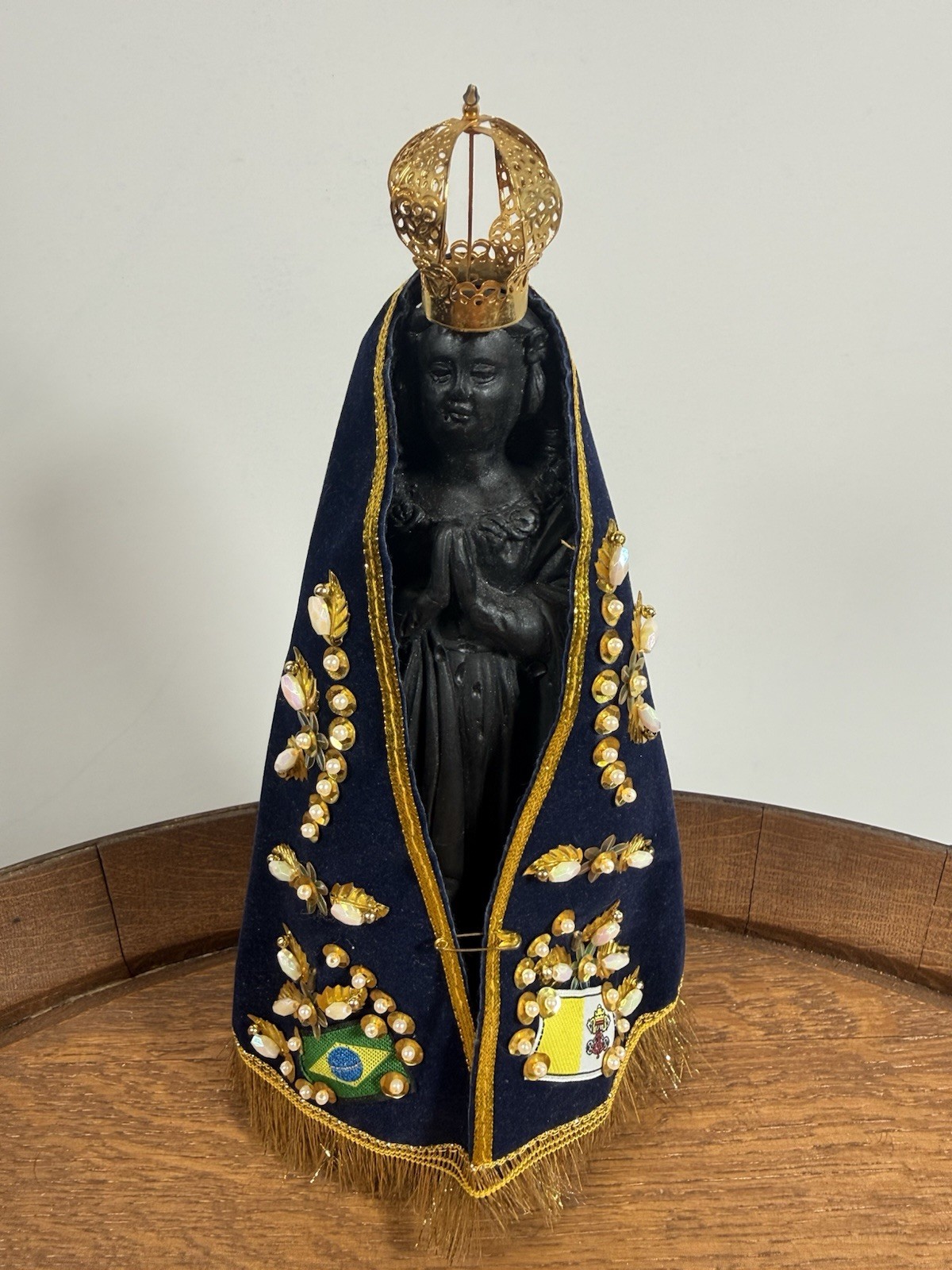 Vintage Our Lady of Aparecida Ceramic Statue 9.5 Inch Blue Velvet Manto