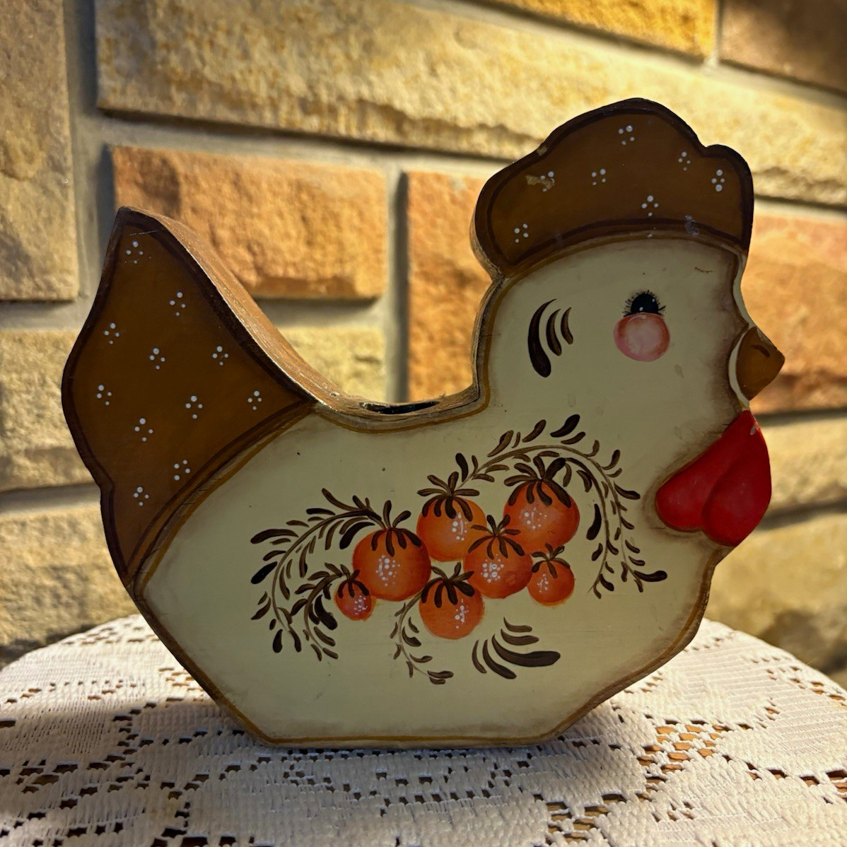 Vintage Hand Painted Wood Chicken Taper Candlestick Holder – Signed Folk Art
