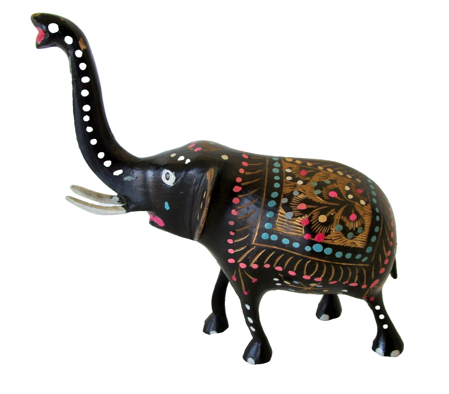 Vintage Hand Painted Metal Elephant Figurine Black Gold Floral Decor Statue 6\