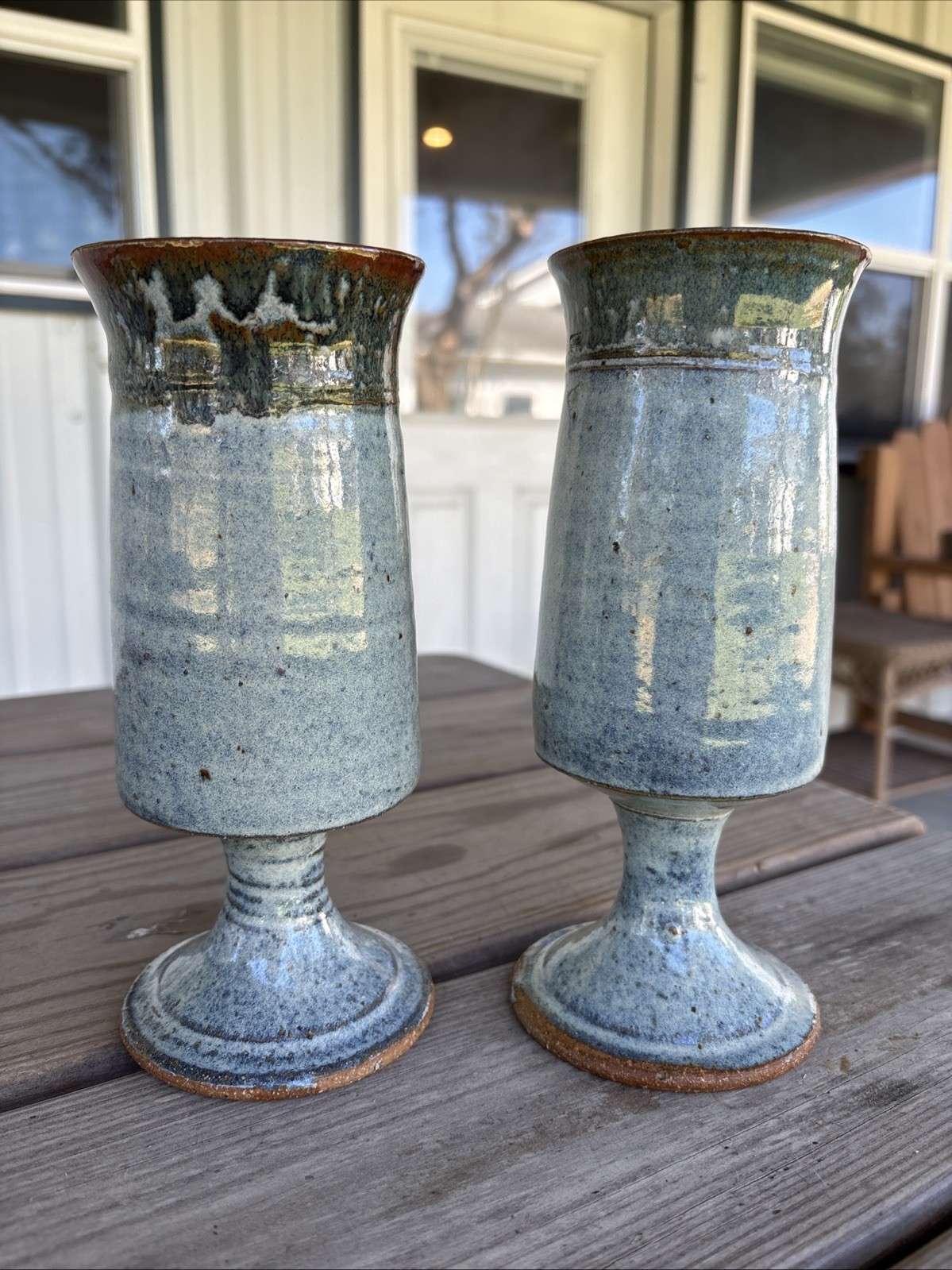 Pair Vintage Studio Stoneware Pedestal Vases Blue & Brown Chalice’s 8.5”