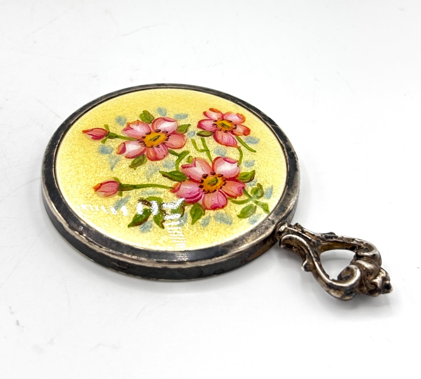Vintage R. Blackinton Co Guilloche Enamel & Sterling Silver Hand Mirror 3.5”