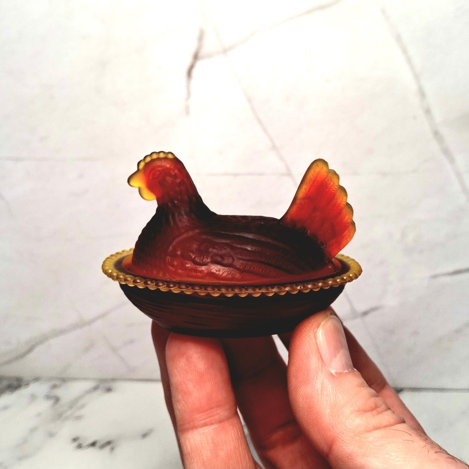 Frosted Ruby Red Amberina Indiana Style Glass Mini Hen On Nest Chicken Salt Dish