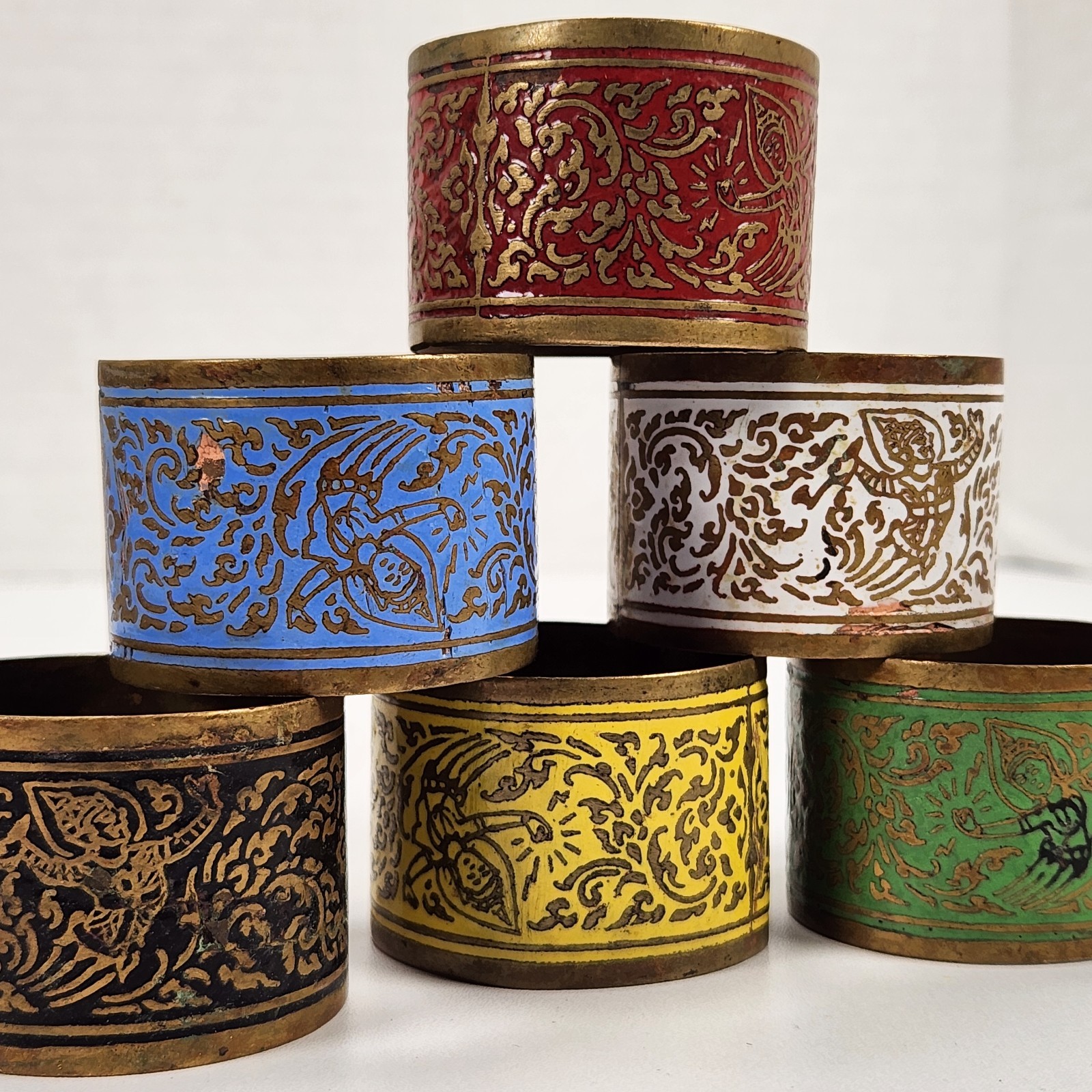 6 VTG Thai Napkin Rings Brass w/ Red Blue Green Yellow White Black Enamel Boho