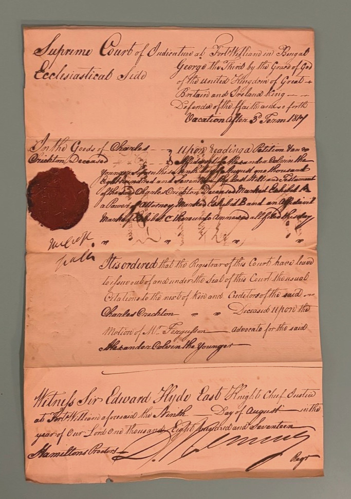 1817 GEORGE III-ERA BRITISH RAJ LEGAL DOCUMENT FROM FT. WILLIAM IN BENGAL, INDIA
