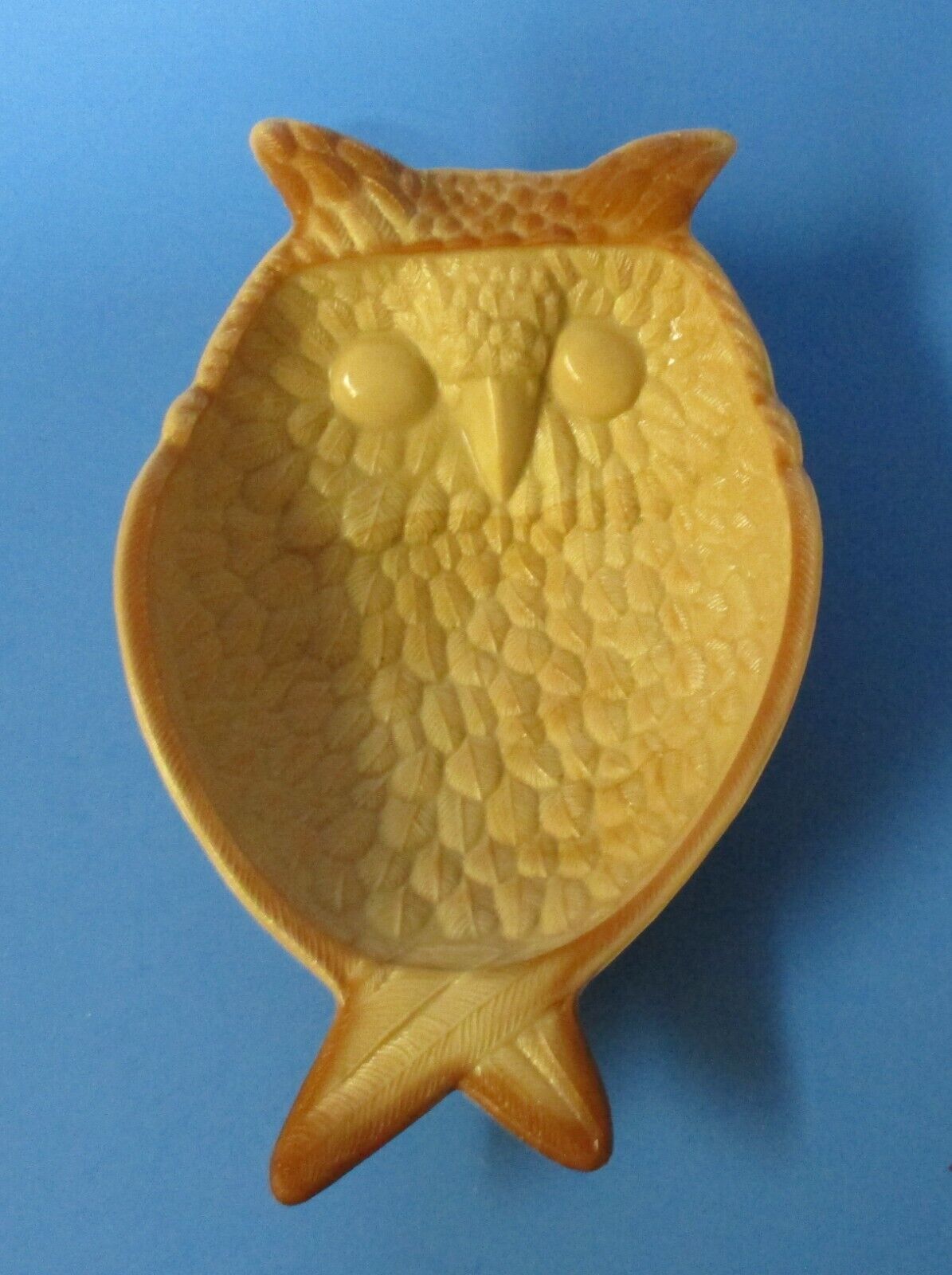 chocolate or caramel slag glass OWL shaped trinket pin dish tray repro? rj