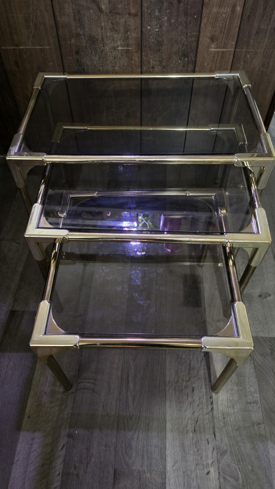 Vintage 3 Pc MCM Brass Nesting Tables With Smoked Glass Vintage 3 Pc MCM Brass Nesting Tables With Smoked Glass